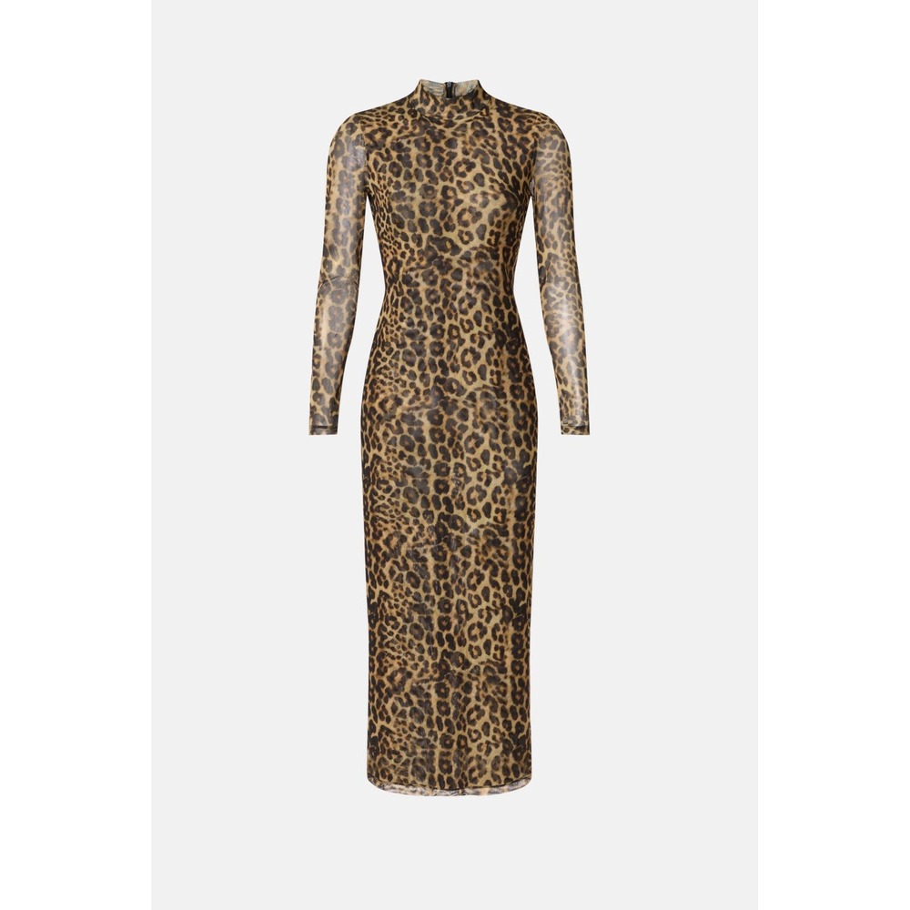 Ronny Kobo Collective Leopard Mesh Midi Dress Long Sleeve Mock Neck Brown M e5
